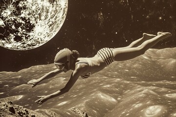Sepia-toned image depicting a woman in a striped swimsuit as if she's swimming through the cosmos beside a moon