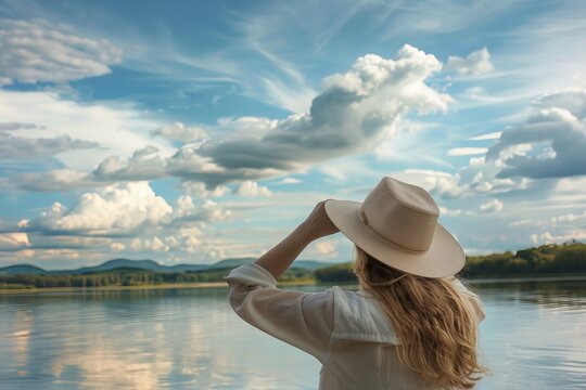 The photo beautifully portrays a woman contemplating the cloud reflections over a calm water surface