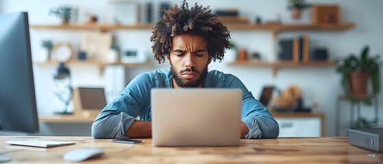 Exhausted businessman rubs dry irritated eyes from computer work at home suffering headaches and vision issues. Concept Computer Vision Syndrome, Eye Health, Workplace Ergonomics - obrazy, fototapety, plakaty