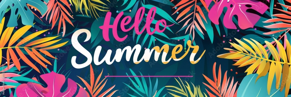 Poster a vibrant and colorful summer banner with the text 
