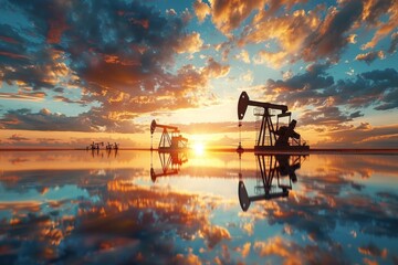 oil production rigs at sunset - obrazy, fototapety, plakaty