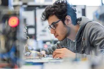 Concentrated young man in lab working on an electronics project with soldering equipment