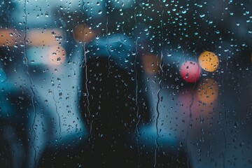 A melancholic, moody image of raindrops on a window with blurred city lights providing a beautiful bokeh effect