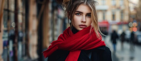A close up of a woman with a red scarf on a city street