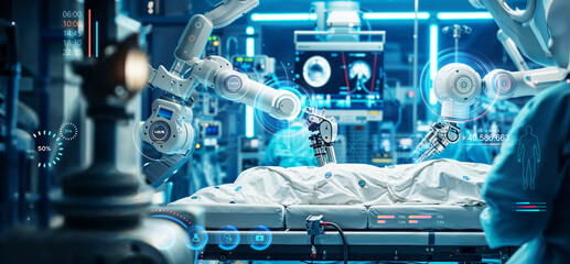 future robotic arms performing automated medical health care operation for future precision surgical robot and remote control hospital equipment as wide banner design with information screens