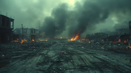 A desolate city street with a large fire in the distance. AI. - obrazy, fototapety, plakaty