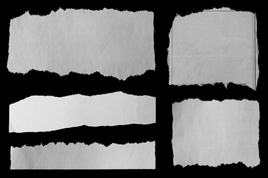 Five pieces of torn newspaper on black background