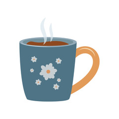 Cup with tea or coffee. Different ornaments. Flowers, berries, etc Cozy vector illustration. Cartoon style. Flat design. Autumn or winter drink vector