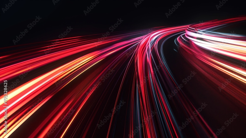 Poster vivid red and white light streaks on black - abstract image of swirling red and white lights creatin