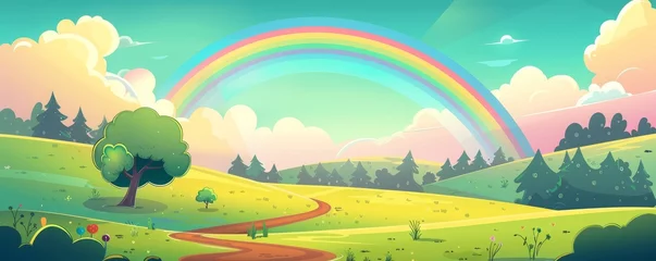 Gartenposter Gelb rainbow landscape cartoon.