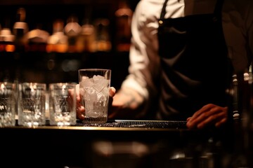 The focused hands of a bartender align a glass filled with ice, indicating the initial steps of a carefully crafted cocktail at an inviting bar