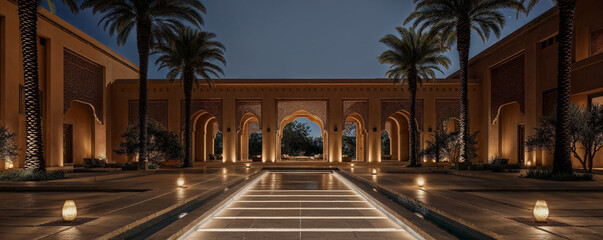 getaway destination of luxury resort hotel or palace garden landscaping design with arcade arcs and...