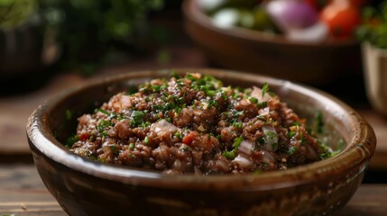 The Lebanese dish Kibbe Naye is made from raw beef or lamb mixed with bulgur, onion puree and...