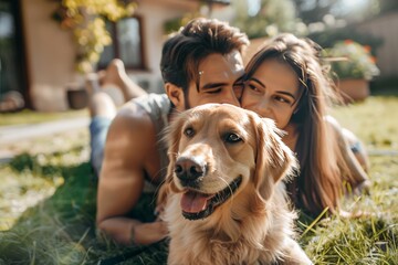 happy couple of people with dog