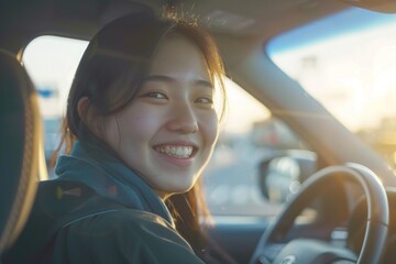 Fototapeta premium Radiant young Asian female enjoying a car drive and smiling at sunset