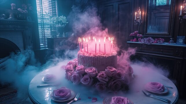 A cake with candles emits smoke, placed on a table