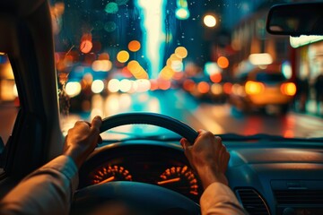 Hands gripping a steering wheel with a striking bokeh effect from city lights, evoking the atmosphere of night driving and urban exploration