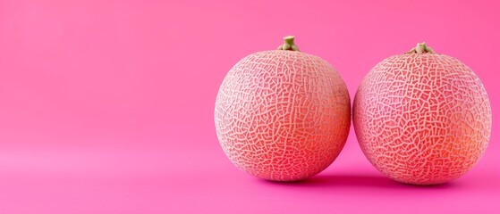  A pair of melons resting atop a pink platform against a backdrop of dual pink hues