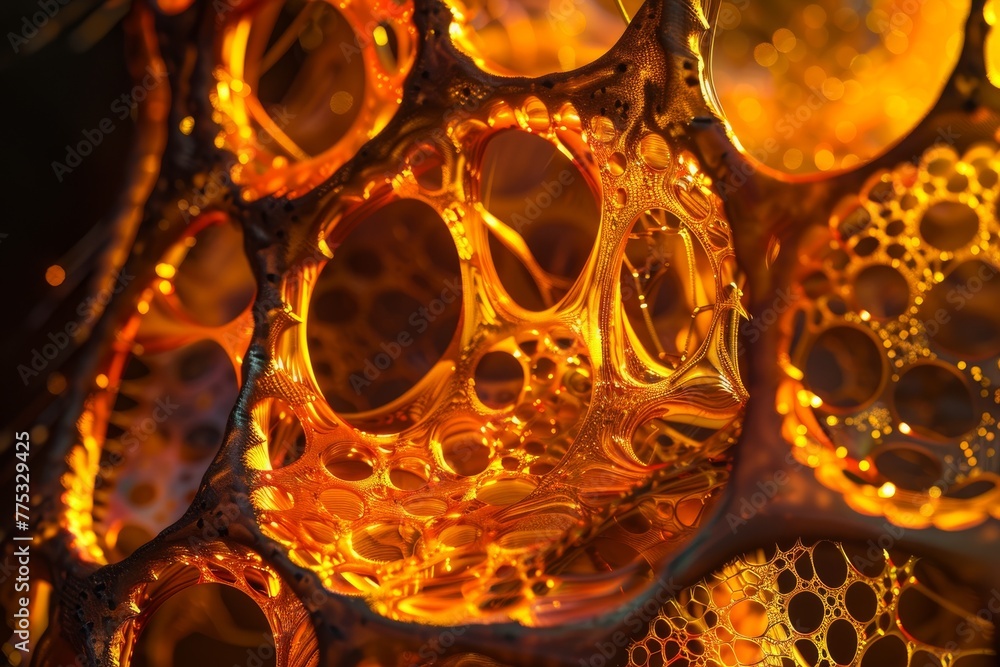 Poster A vivid depiction of a honeycomb-like network with an intense orange hue and a sense of depth and texture