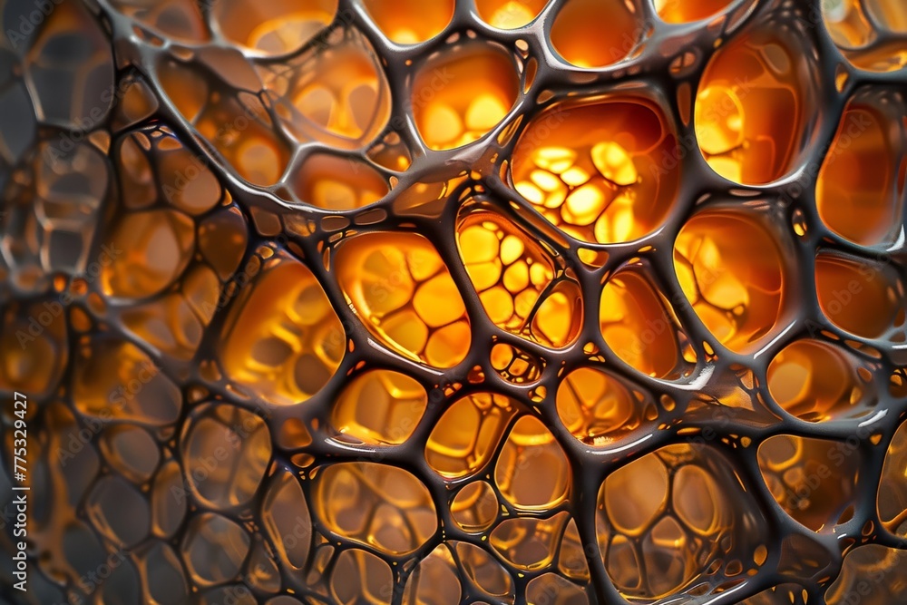 Poster This image features a close-up view of an orange, cellular structure with a focus on the intricacy and patterns within