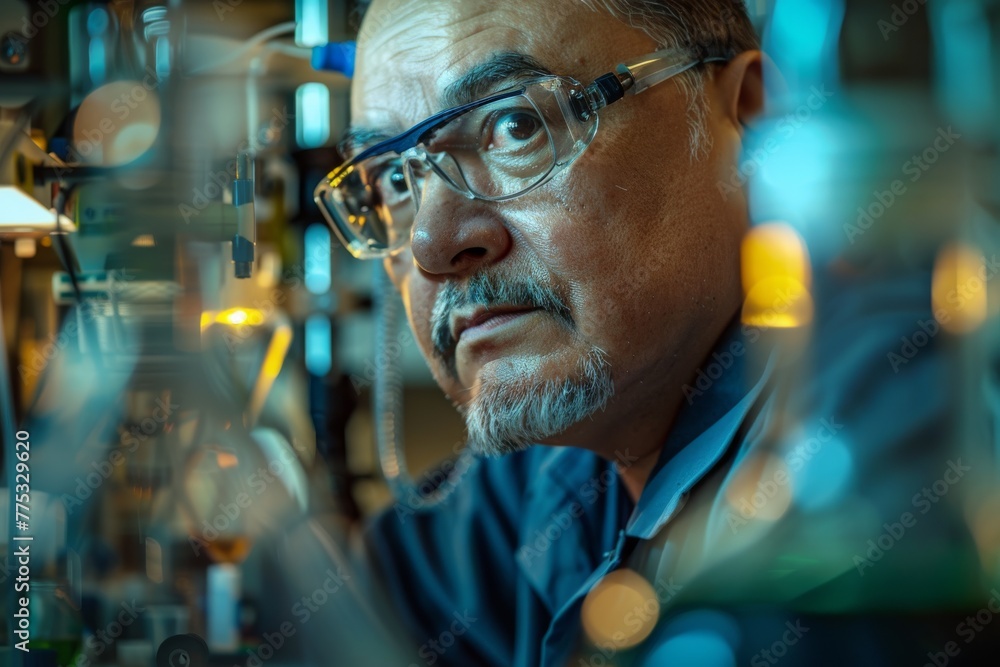 Poster Amidst high-tech equipment, this professional is depicted working in a futuristic lab setting with a blurred face