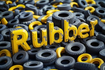 A graphic image featuring a large pile of various black rubber tires with the word Rubber in bold yellow standing out - Powered by Adobe