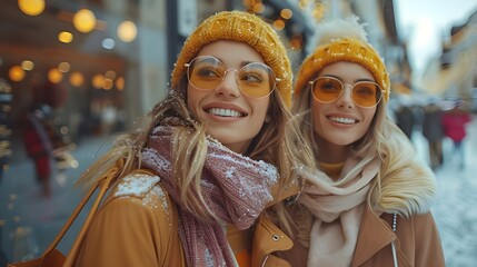  Black friday concept. Discounts and sales, Two happy girlfriends looking on the shopwindow while standing with shopping bags near the mall ai generated 