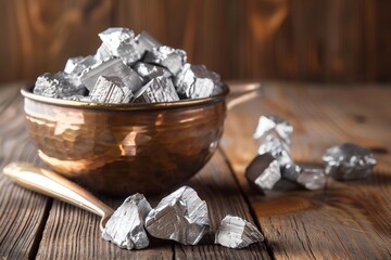 Copper bowl brimming with striking metallic zinc metal on a rustic wooden background