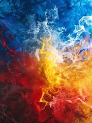 Vibrant swirl of colors resembling flames - A mesmerizing blend of red, orange, yellow, and blue hues, reminiscent of fire engulfing the scene with dynamic swirls