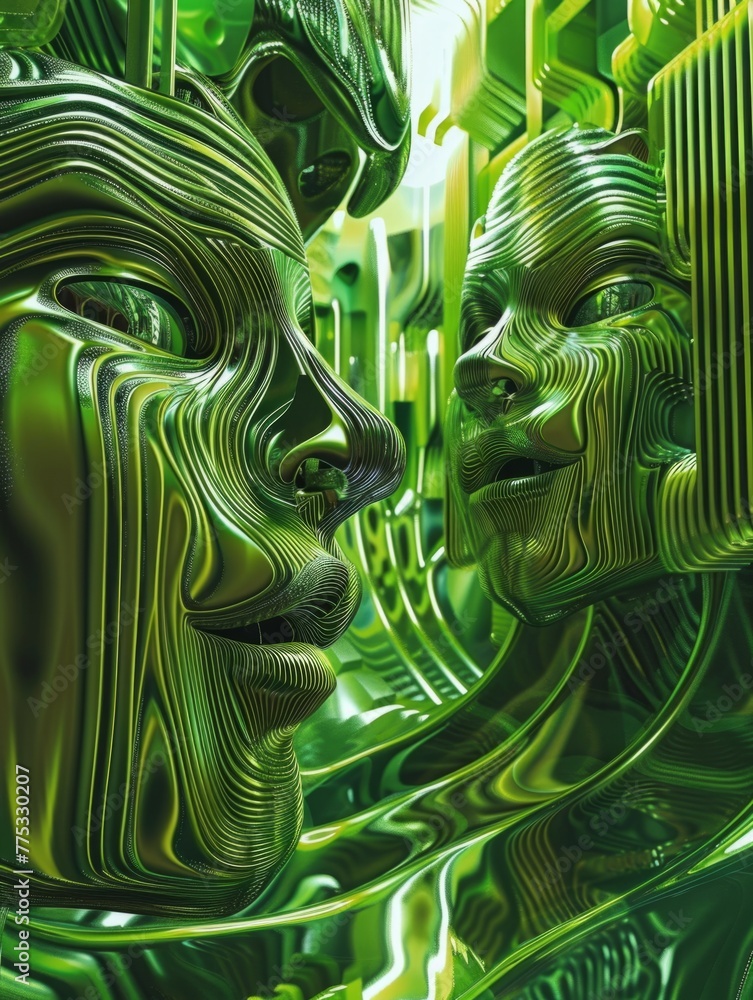 Poster digital green faces converse in an abstract space - two faces created with digital lines seem to int