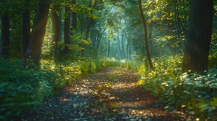 Dense undergrowth giving way to towering trees along a woodland pathway - obrazy, fototapety, plakaty