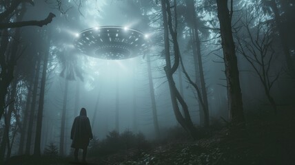 UFO encounter in misty forest setting - A person stands facing a large UFO emitting light in a foggy forest, creating a scene of intrigue and other-worldly encounter