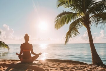 Woman Meditating on Beach With Palm Trees