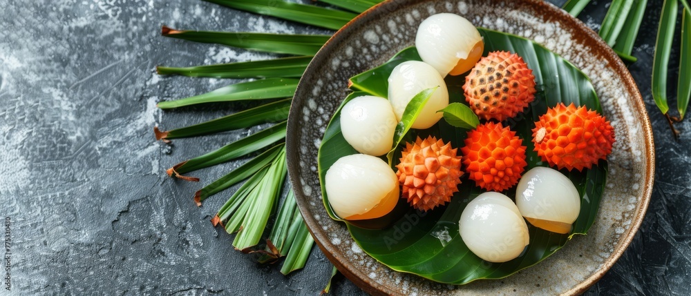 Poster   Close-up of a plate of food with palm fronds and other items on the table