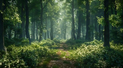 Dense undergrowth giving way to towering trees along a woodland pathway - obrazy, fototapety, plakaty
