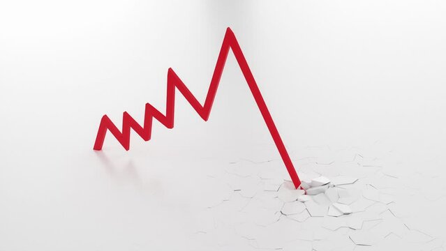Stock market crash graph. Red arrow falls into the fissure ground. Economic crisis or recession concept.