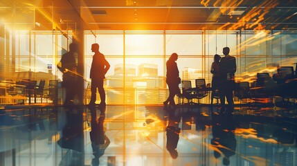 An artistic representation of business individuals working in tandem, cast in silhouettes against the backdrop of an office, capturing the spirit of teamwork and partnership.