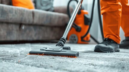 Professional Cleaner Vacuuming Carpet with High-Efficiency Equipment