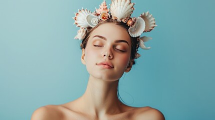 girl with a wreath of shells on her head. - obrazy, fototapety, plakaty