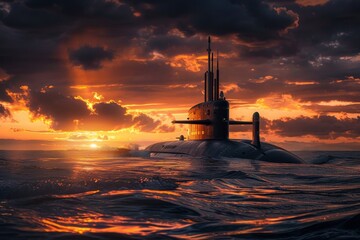 Fototapeta premium nuclear submarine surfaced at sunset
