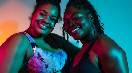 Two Active plus size african american woman after training in fashionable sporty clothes posing together, smiling. Couple lifestyle. Gym, healthy lifestyle concept. Body acceptance, body positive