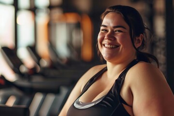 Fototapeta premium Active plus size caucasian woman after training in fashionable sporty clothes posing in gym, smiling. People lifestyle. Gym, healthy lifestyle concept. Body acceptance, body positive