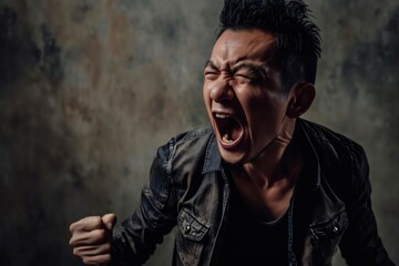 Expression of furious,enraged asian man with grumpy grimace on his face,with mouth opened in shout, ready to argue and swear, wants to gain respect, Angry asian man yelling on grey dirty background - obrazy, fototapety, plakaty