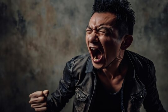 Expression of furious,enraged asian man with grumpy grimace on his face,with mouth opened in shout, ready to argue and swear, wants to gain respect, Angry asian man yelling on grey dirty background