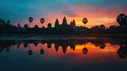 Fototapeta premium Angkor Wat Emerges from Jungle at Sunset Silhouette Against Twilight. 