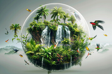 A surreal floating island paradise contained within a transparent 3D glass globe, with lush tropical vegetation, cascading waterfalls, and colorful exotic birds.