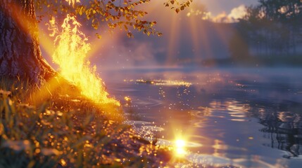 An early morning setting where the first rays of sunlight blend seamlessly with a delicate fire frame, creating a stunning visual symphony of light.
