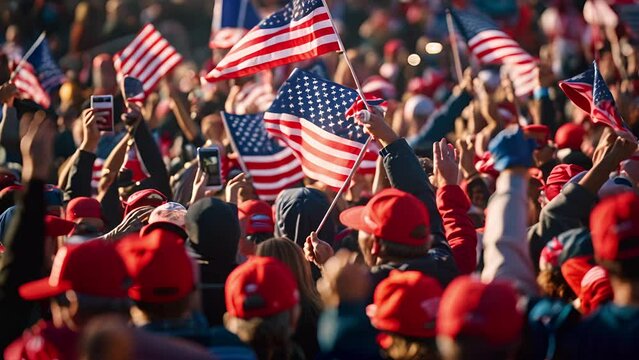 Crowds gather in a sea of red hats while waving American flags white watching a right wing candidate speak at a republican campaign rally