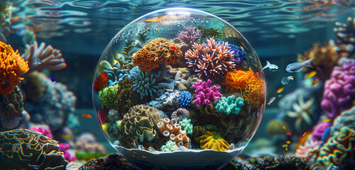 A surreal underwater seascape with colorful coral reefs and exotic marine life, encapsulated within...