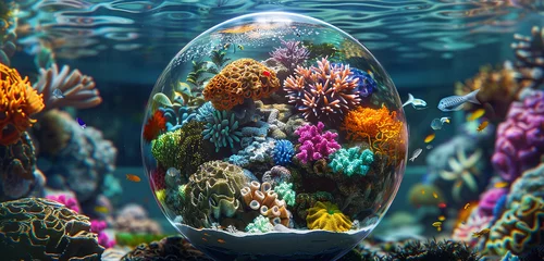  A surreal underwater seascape with colorful coral reefs and exotic marine life, encapsulated within a 3D glass globe. © Ammara studio